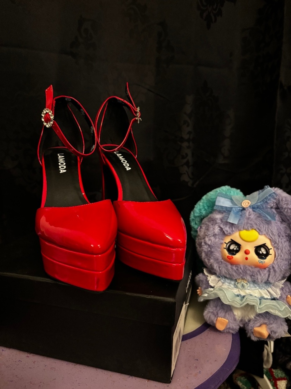 LaModa red platform pumps with ankle strap Sz 7UK/9US